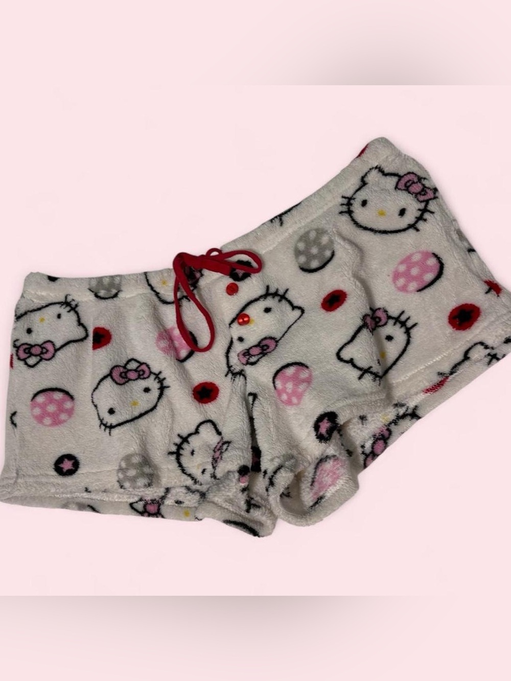 Hello Kitty Vintage Y2K 2000s White Plush Shorts with Pink and Red Accents